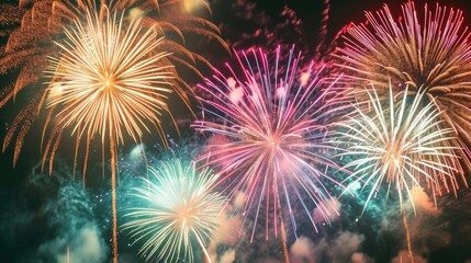 Poster - Bright, exploding fireworks; sparkling lights., captivating scene of fireworks bursting into radiant patterns against the canvas of a dark night