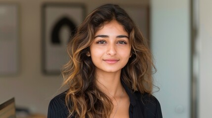 Wall Mural - A young woman with long, flowing hair stands in a brightly lit room, her expression serene and contemplative