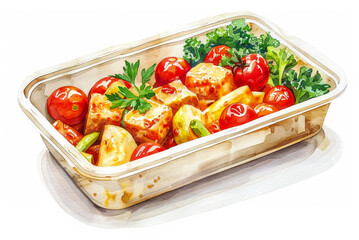 Wall Mural - Wide-angle shot of a healthy lunch box with a tofu stir-fry, cherry tomatoes, and apple slices, isolated on a white background, watercolor illustration 