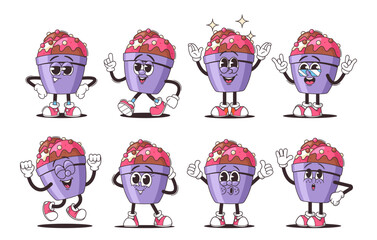 Wall Mural - collection of cute cartoon ice cream characters, each in a different pose and face expression, depic