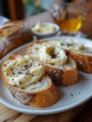 fresh bread with truffle butter, on a simple and elegant white plate 