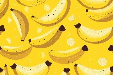 Fruit salad vibrant bananas and lemons pattern on yellow background for summer picnic advertisement