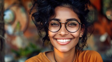 A young woman with dark curly hair and round glasses smiles warmly