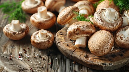 Fresh mushrooms on a rustic wooden table. 