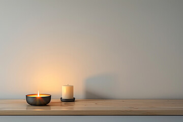 Abstract modern lamp on a Scandinavian-style wooden table with one candle, solid white background.