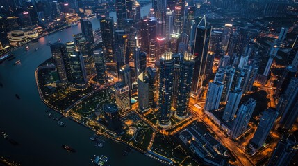 Aufkleber - Glowing metropolitan skyline at twilight, Aerial views providing a unique perspective of illuminated skylines