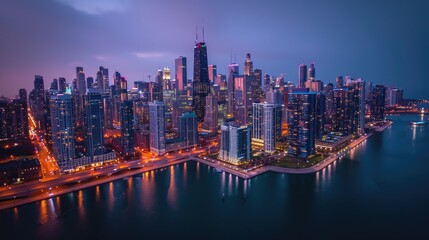 Aufkleber - Glowing metropolitan skyline at twilight, Aerial views providing a unique perspective of illuminated skylines