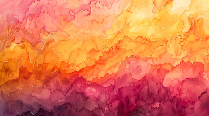 Poster - Wide angle view of an abstract watercolor blend of warm oranges and pinks with hints of yellow, creating a sunset effect 