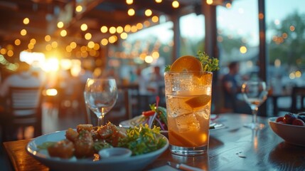 Poster - Two Refreshing Cocktails With Orange Slices and Mint Garnishes on a Bar Countertop