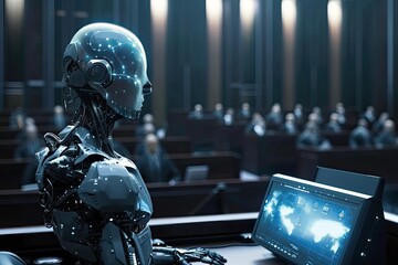 Futuristic, shiny humanoid robot, futuristic courtroom where justice is determined by artificial intelligence