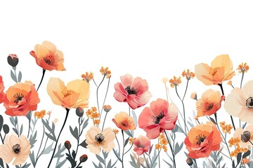 Poster - Vibrant orange and pink flowers, handcrafted vector depiction of exquisite flowers in a random arrangement on a white background