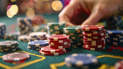Wall Mural - Stacks of Blue and Red Casino Chips on a Green Felt Table