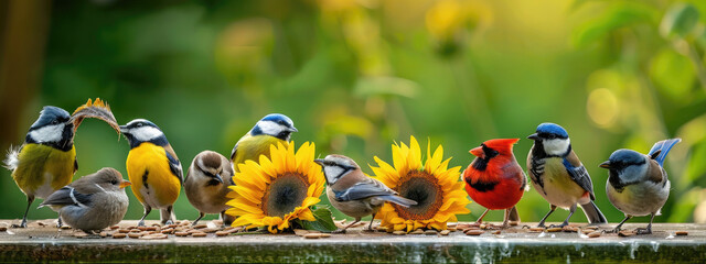 Wall Mural - A group of birds, including the greattit and blue Doughboy bird species, gathered around an open sunflower seed pod on top of their garden table to eat seeds