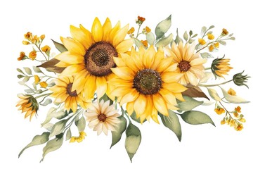 Poster - Vibrant yellow-petaled sunflowers, Craft a vibrant watercolor bunch of lavender and white sunflowers