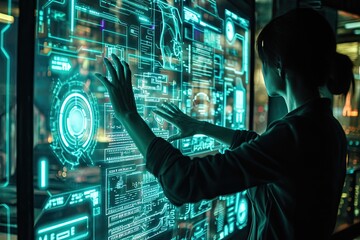 Leinwandbilder - Futuristic blue-lit data center, high tech heist involving holographic security systems