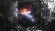 © Vilius - a vibrant and colorful nebula filled with stars and galaxies is seen through a crumbling, broken wall. The stark contrast between the dilapidated brickwork and the vivid cosmic scene creates a striki