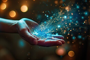 Aufkleber - Sparkling magical light on palm, parallel universe where everyday objects have magical properties