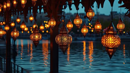 Fototapete - Illuminated hanging lanterns; tranquil water reflection., riverfront scene with hanging lanterns and reflections, capturing the essence of Ramadan