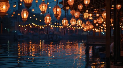 Aufkleber - Illuminated hanging lanterns; tranquil water reflection., riverfront scene with hanging lanterns and reflections, capturing the essence of Ramadan