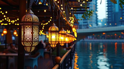 Aufkleber - Illuminated hanging lanterns; tranquil water reflection., riverfront scene with hanging lanterns and reflections, capturing the essence of Ramadan