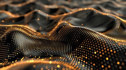 Aufkleber - Abstract digital landscape with dynamic waveforms. Glowing dots create a futuristic texture and pattern. Perfect for backgrounds, tech projects, and design compositions. Generated by AI.