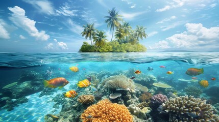 Small island with palm tree above and sea life tropical fishes beneath underwater in sea.