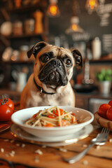 Wall Mural - Dog eats delicious spaghetti in the kitchen.