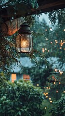 a solar lantern suspended from the eave of an outdoor porch, casting a serene blue light amidst the gentle patter of raindrops, creating a captivating scene of tranquility and natural beauty.