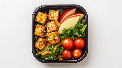 Canvas Print - Wide-angle shot of a healthy lunch box with a tofu stir-fry, cherry tomatoes, and apple slices, isolated on a white background 