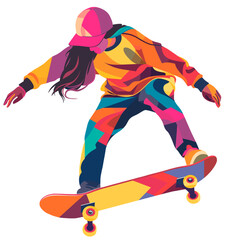 Colorful silhouette of professional female skateboarder over isolated transparent background