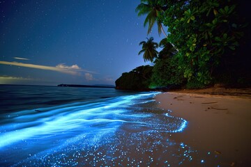 Wall Mural - Glowing blue bioluminescent waves, tropical island with bioluminescent beaches