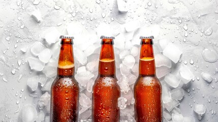 Sticker - Three cold beer bottles in ice. Refreshing beverage for summer parties. Chilled glass bottles with condensation. Perfect for social gatherings, BBQs, or game nights. Stock photo for commercial use. AI