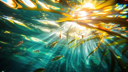 Beautiful underwater scenery with fish swimming in the lake and vegetation, warm sunlight entering the water.