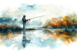 © S photographer - Watercolor painting of a man fishing with a rod at the riverside.