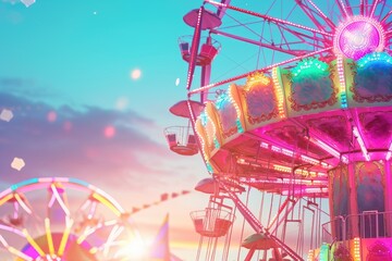 Wall Mural - Vibrant, festive carousel ride, Carnival background with ample text space, featuring a colorful fairground with rides and attractions