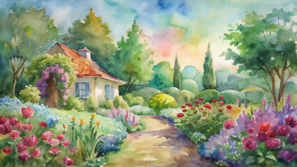 Wall Mural - Garden watercolor background with blooming flowers