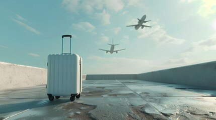 minimalist scene with a suitcase placed on the ground and a plane flying in the sky above.