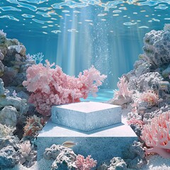 Wall Mural - A minimalist product shot featuring a podium at the center of the image, set against a coral reef background for a vibrant and underwater feel.