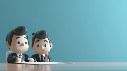 scene with two 3D people in black business suits signing a contract on a desk.