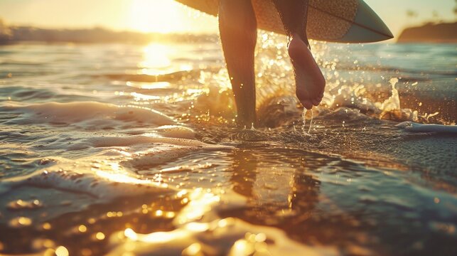 Closeup view of a surfer walking in water with surf board at sunset