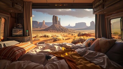 Wall Mural - Interior view from a camper van of outside beautiful view of wild west landscape