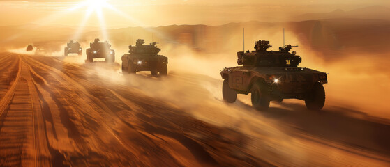 A convoy of military vehicles kicks up dust as they traverse a desert landscape at sunrise, showcasing a display of power, coordination, and rugged terrain.