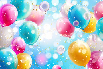 Poster - Vibrant, colorful floating balloons, Cheerful and fun vector background with a variety of colorful balloons and bubbles