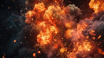 Leinwandbilder - Fiery explosive blaze, Close up details of explosions against the dark backdrop