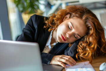 Young professional in a suit sleeps at her desk, showing signs of work-related exhaustion