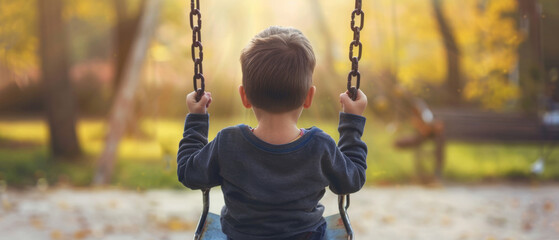 A young boy sits on a swing, gazing into a sunlit park, capturing a moment of innocence and contemplation.