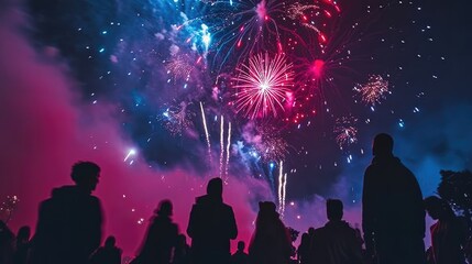 Fototapete - Vibrant, colorful fireworks display, Creative fireworks photography incorporating silhouettes of people or landmarks, adding depth to the celebration