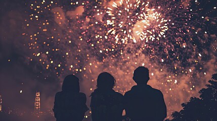 Fototapete - Vibrant, colorful fireworks display, Creative fireworks photography incorporating silhouettes of people or landmarks, adding depth to the celebration
