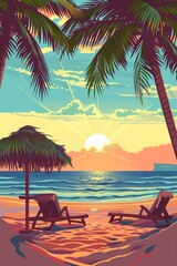 Wall Mural - Vector illustration of beautiful scenic landscape of tropical sea beach.