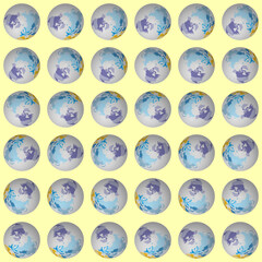 Poster - Collection of planet globes. North pole sphere view. Rotation step 10 degrees. Colored countries style. World map with sparse graticule lines on warm background. Adorable vector illustration.